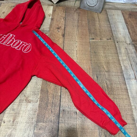 Vintage 90’s Marlboro Logo Red Drawstring Hoodie Sweatshirt Size L - Picture 7 of 13